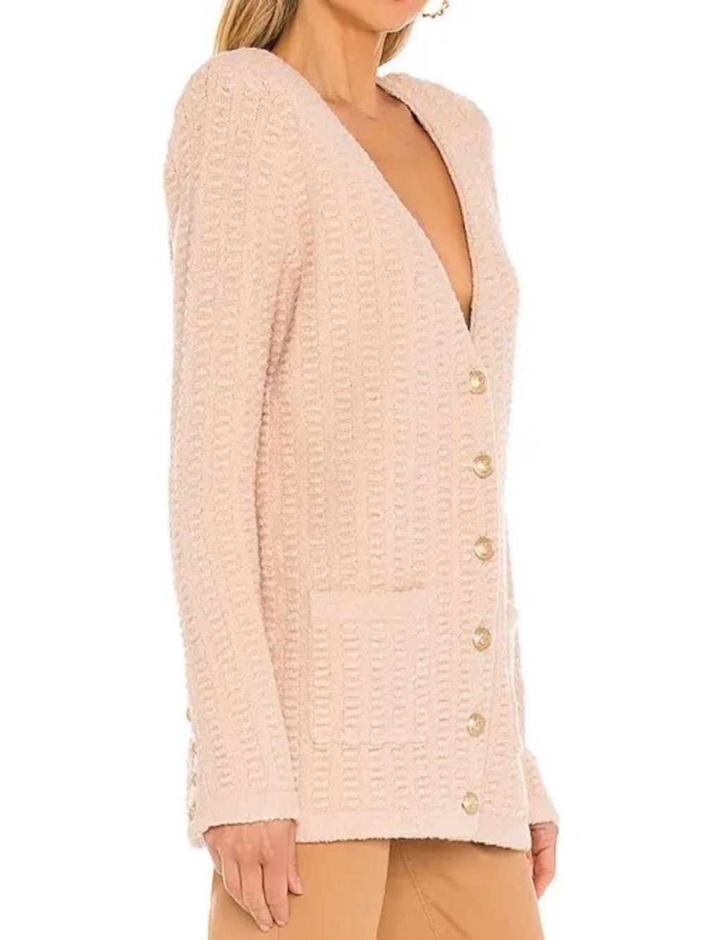 L'AGENCE Sue Textured Knit Longline Cardigan Pink Petal Gold Button M - Picture 2 of 9
